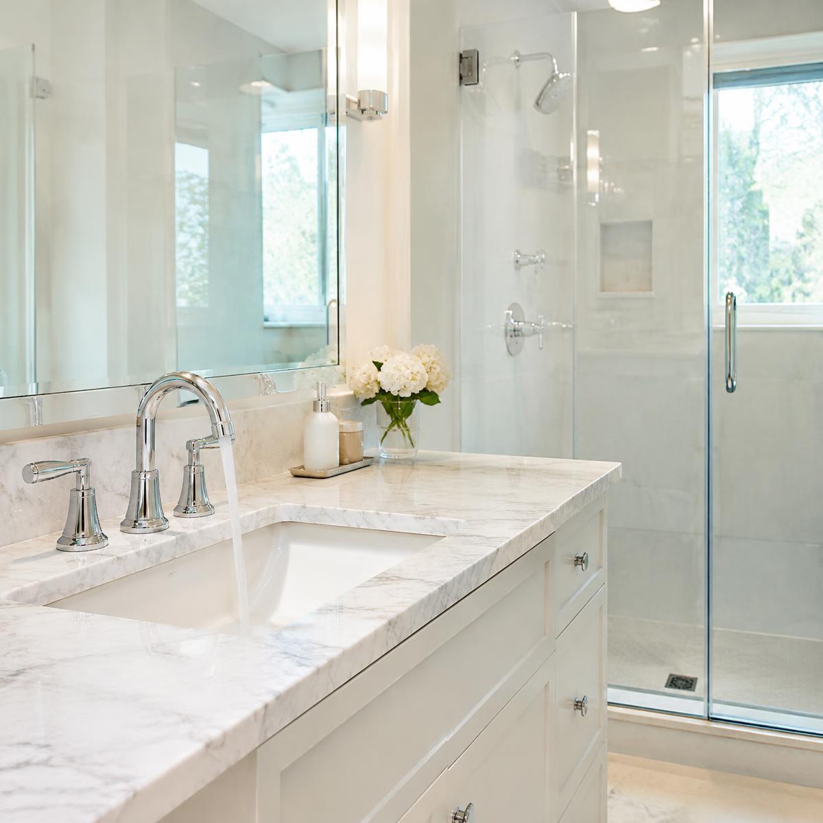 Bright bathroom with clear water running from a chrome faucet