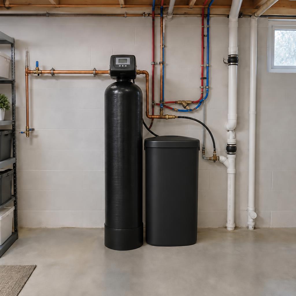 Whole-home water softener with a black mineral tank and a plastic salt hopper installed in a basement